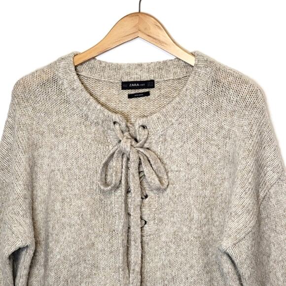 ZARA Knit Wool Scoop Neck Long Sleeve Criss Cross Tie Neck Beige Sweater Size M - Picture 3 of 10
